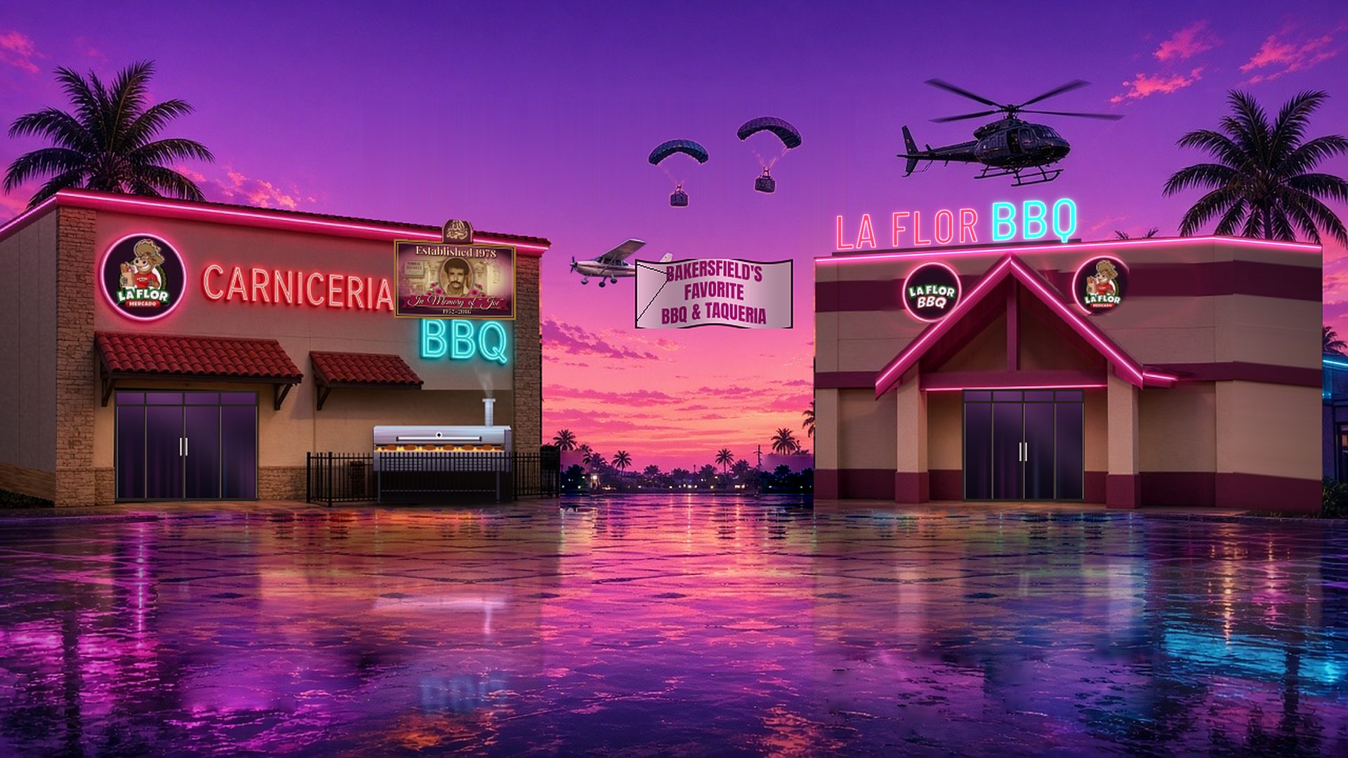 La Flor Mercado (Carnicer&iacute;a y BBQ) y La Flor BBQ al atardecer, con una avioneta que lleva el letrero &laquo;Bakersfield's Favorite BBQ & Taqueria&raquo; y un helic&oacute;ptero / La Flor Mercado (Carnicer&iacute;a & BBQ) and La Flor BBQ at sunset, with a plane towing a &ldquo;Bakersfield's Favorite BBQ & Taqueria&rdquo; banner and a helicopter